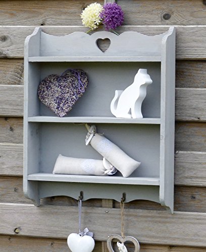 Wandregal Regal aus Vollholz im Landhaus Stil mit 2 Haken und 3 Ablagen - Grau3